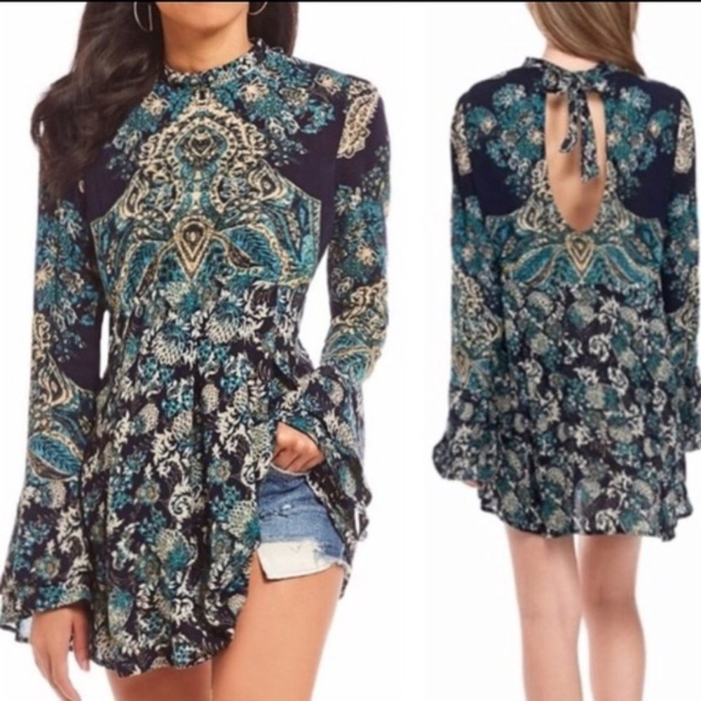 Free People Pattern Tunic Blouse Flared Sleeves XS